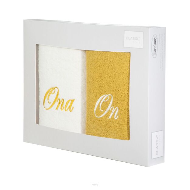 Komplet ręczników 2x70x140 ON ONA kremowe musztardowe haftowane w kartonowym pudełku