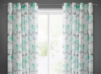 Zasłona na przelotkach 140x250 BRIANA biała z turkusowym nadrukiem kwiatów