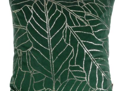 Poszewka welwetowa 45x45 BLINK 32 ciemna zieleń z wzorem srebrnych liści