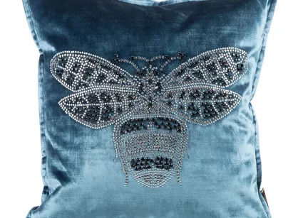 Poszewka welwetowa 45x45 ROYAL 2 niebieska zdobiona nadrukiem pszczoły z cyrkonii