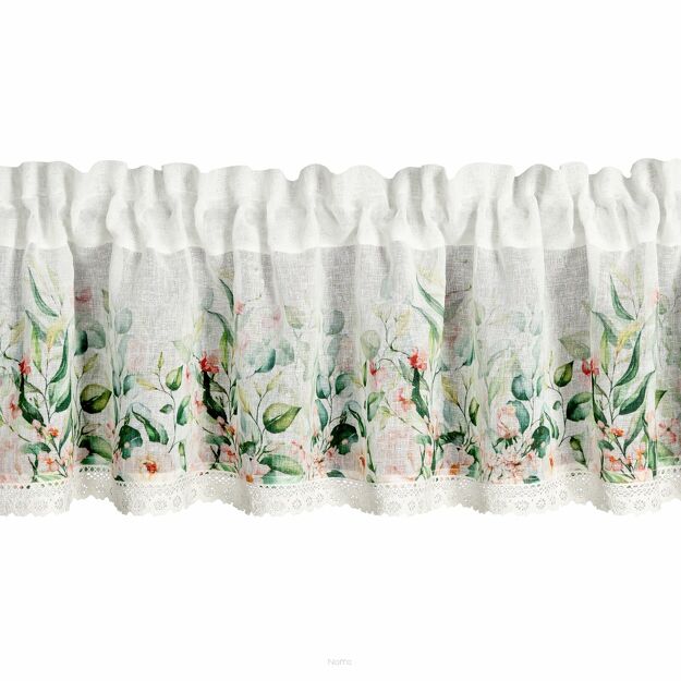 Zazdrostka w tunelu 150x30 ESTERA biała z etaminy zdobiona koronką z nadrukiem kwiatów