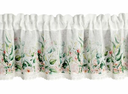 Zazdrostka w tunelu 150x30 ESTERA biała z etaminy zdobiona koronką z nadrukiem kwiatów