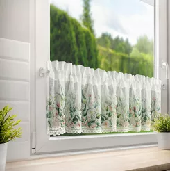 Zazdrostka w tunelu 150x30 ESTERA biała z etaminy zdobiona koronką z nadrukiem kwiatów