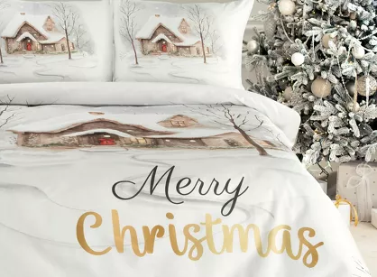 Pościel świąteczna 140x200 JOYFULL biała jasny brąz nadruk świąteczny z satyny bawełnianej