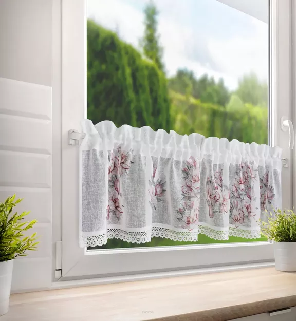 Zazdrostka gotowa w tunelu 150x30 SUZY biała z etaminy zdobiona koronką z nadrukiem różowych kwiatów