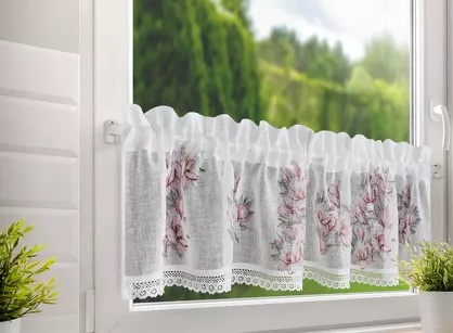 Zazdrostka gotowa w tunelu 150x30 SUZY biała z etaminy zdobiona koronką z nadrukiem różowych kwiatów