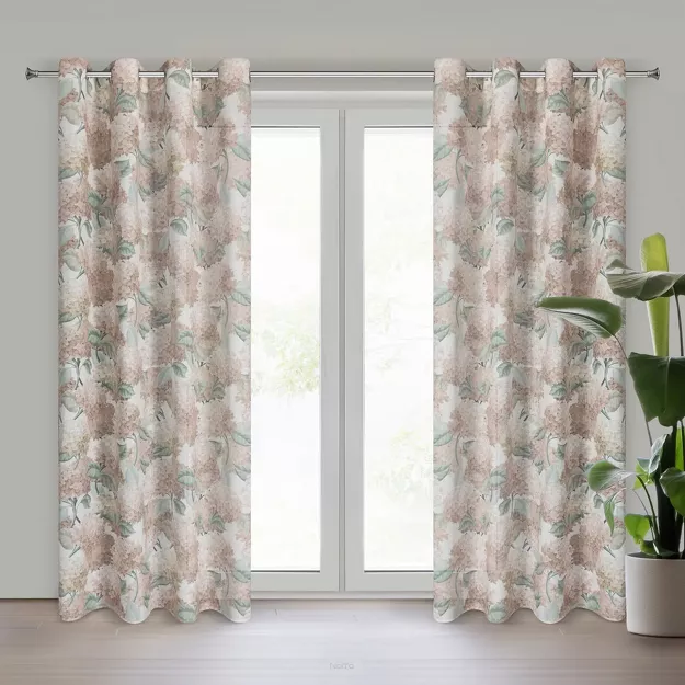 Zasłona na przelotkach 140x250 DEMI naturalna z rudym wzorem kwiatów hortensji z domieszką lnu