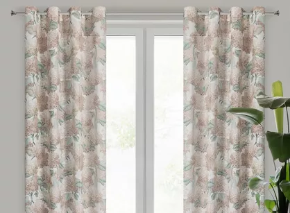 Zasłona na przelotkach 140x250 DEMI naturalna z rudym wzorem kwiatów hortensji z domieszką lnu