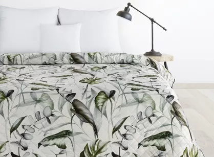 Narzuta welwetowa 170x210 ELLEN biała pikowana z wzorem egzotycznych oliwkowych wyrazistych liści