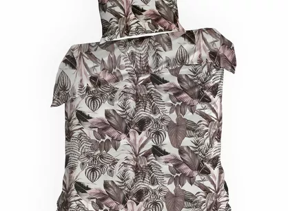 Pościel bawełniana 140x200 DAVOS 2B biała z wzorem egzotycznych fioletowych liści