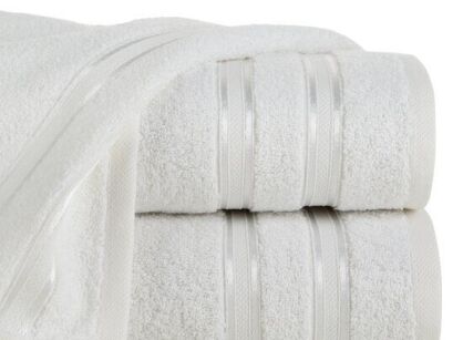 Ręcznik bawełniany 70x140 MANOLA biały z żakardową połyskującą bordiurą w paski