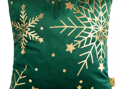 Poszewka świąteczna 45x45 238C welwetowa zielona z motywem szampańskiej śnieżynki