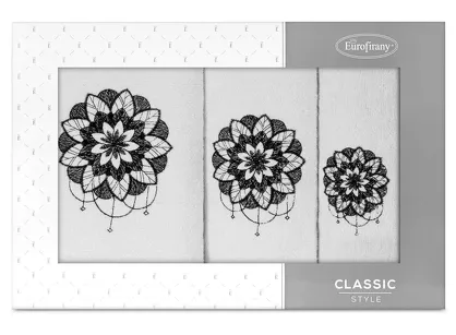 Komplet ręczników 3 szt. LOTUS białe z haftowanym czarnym wzorem kwiatu lotosu w kartonowym pudełku