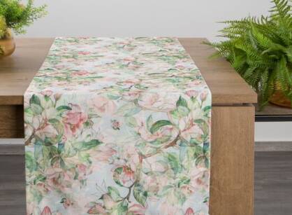 Bieżnik 40x140 FLORE 10 jasna zieleń z tkaniny strukturalnej z wzorem różowych kwiatów