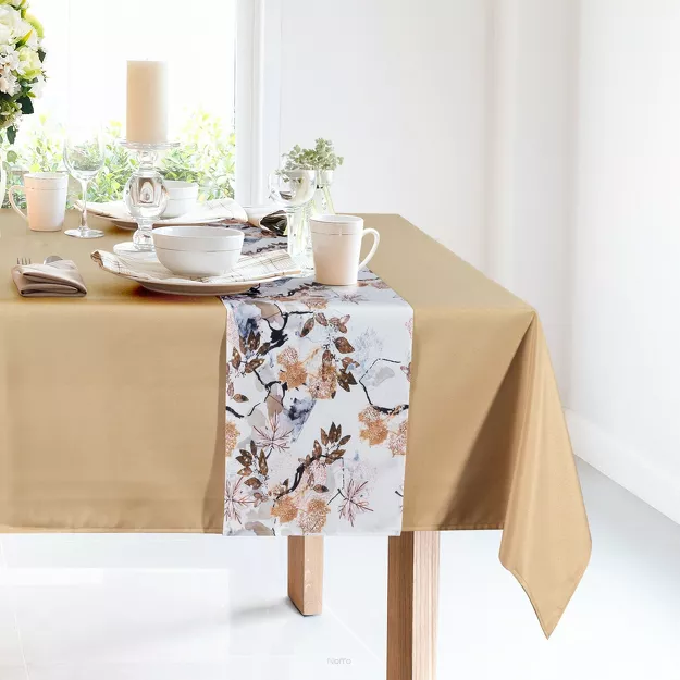 Obrus 140x300 z bieżnikiem 33x300 ANITA 5 beżowy z wzorem liści