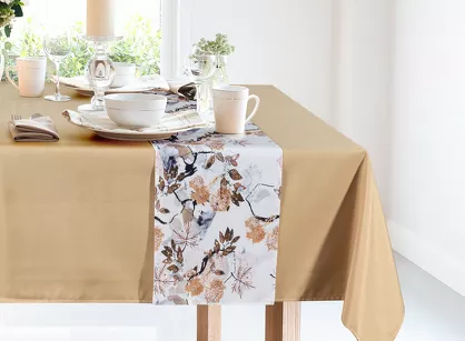 Obrus 140x300 z bieżnikiem 33x300 ANITA 5 beżowy z wzorem liści