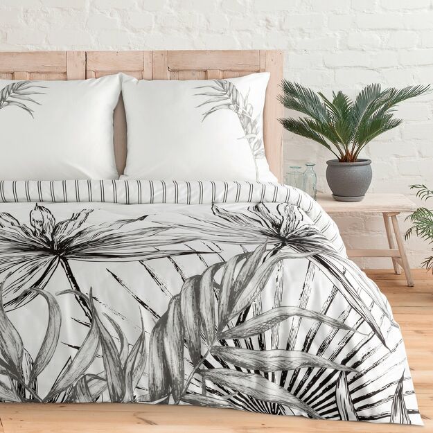 Pościel z makosatyny 220x200 PALOMA biała czarna wzór egzotycznych liści dwustronna Premium