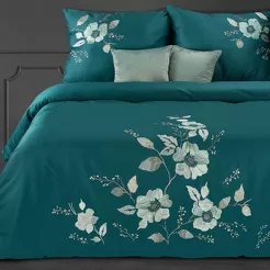 Pościel satynowa 220x200 HAFT 6 turkusowa haftowana miętowym wzorem kwiatowym