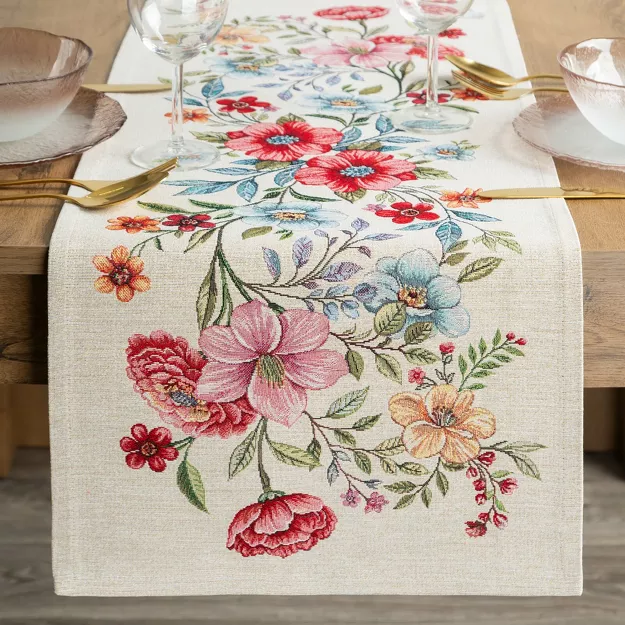 Bieżnik gobelinowy 40x100 1413 naturalny z nadrukiem kolorowych kwiatów