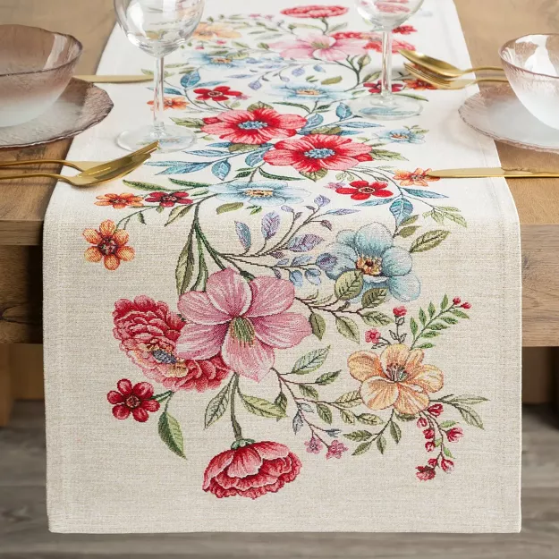 Bieżnik gobelinowy 40x100 1413 naturalny z nadrukiem kolorowych kwiatów