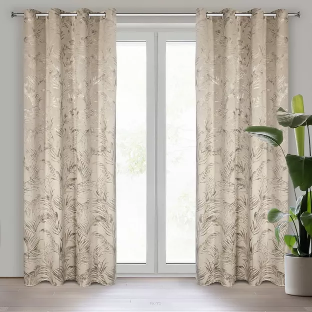 Zasłona na przelotkach 135x270 DEBRA welwetowa beżowa z szampańskim nadrukiem efektownych liści