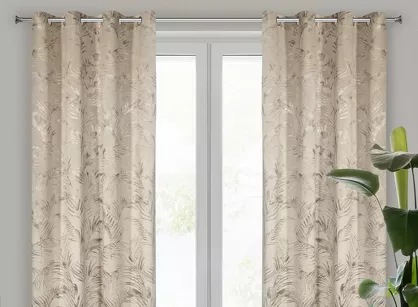 Zasłona na przelotkach 135x270 DEBRA welwetowa beżowa z szampańskim nadrukiem efektownych liści