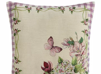 Poszewka gobelinowa 45x45 1225 naturalna z wzorem botanicznym i fioletową kratką