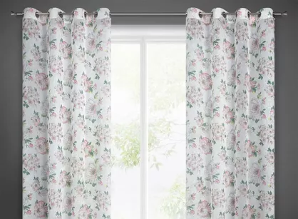 Zasłona na przelotkach 140x250 EMI biała o strukturze płótna z nadrukiem kwiatów ogrodowych