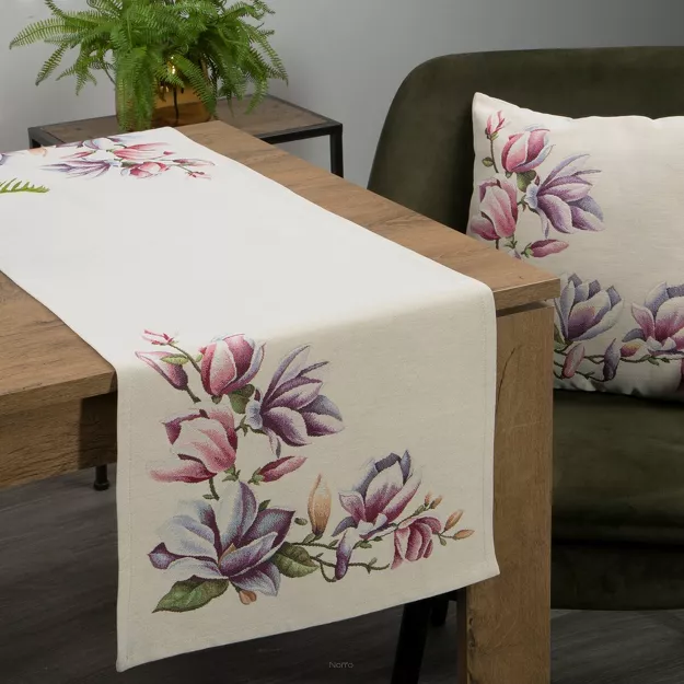 Bieżnik gobelinowy 45x140 1214 naturalny z wzorem różowych kwiatów magnolii