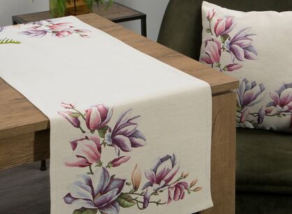 Bieżnik gobelinowy 45x140 1214 naturalny z wzorem różowych kwiatów magnolii