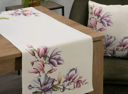 Bieżnik gobelinowy 45x140 1214 naturalny z wzorem różowych kwiatów magnolii