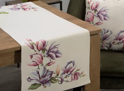 Bieżnik gobelinowy 45x140 1214 naturalny z wzorem różowych kwiatów magnolii