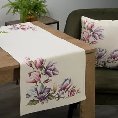 Bieżnik gobelinowy 45x140 1214 naturalny z wzorem różowych kwiatów magnolii