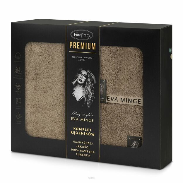 Komplet ręczników VENUS Eva Minge beżowe zdobione bordiurą w kolorze ręcznika z napisami projektantki z kolekcji Premium