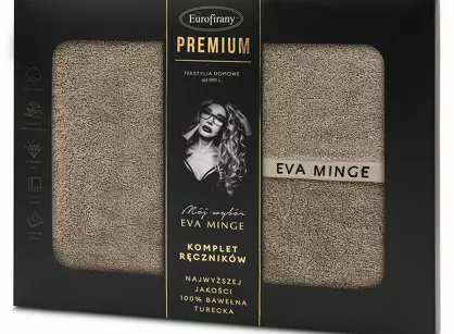 Komplet ręczników VENUS Eva Minge beżowe zdobione bordiurą w kolorze ręcznika z napisami projektantki z kolekcji Premium
