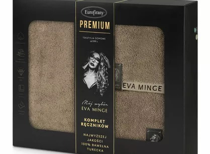Komplet ręczników VENUS Eva Minge beżowe zdobione bordiurą w kolorze ręcznika z napisami projektantki z kolekcji Premium