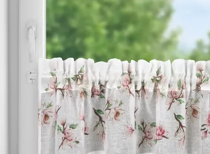 Zazdrostka gotowa w tunelu 150x30 ARI biała z etaminy zdobiona koronką z nadrukiem kwiatów magnolii