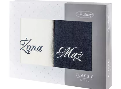 Komplet ręczników 2x70x140 MĄŻ ŻONA białe granatowe