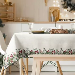 Obrus świąteczny 140x220 4153 gobelinowy z szenili naturalny zielony świąteczny wzór