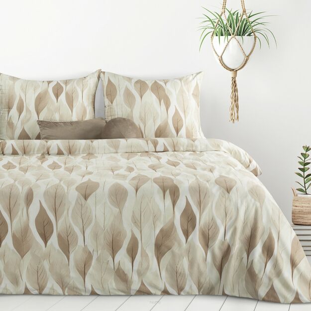 Pościel z mikrowłókna 220x200 DAFNE biała brązowa wzór liści Design 91