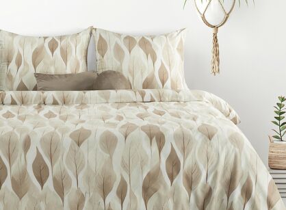 Pościel z mikrowłókna 220x200 DAFNE biała brązowa wzór liści Design 91