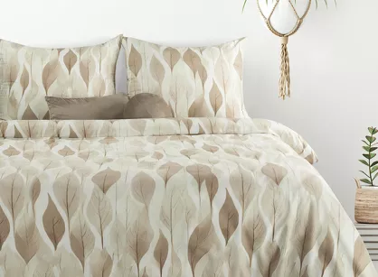 Pościel z mikrowłókna 220x200 DAFNE biała brązowa wzór liści Design 91