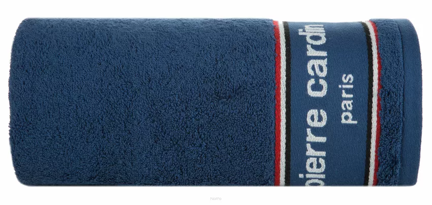 Ręcznik KARL 70x140 KARL Pierre Cardin granatowy zdobiony kontrastową bordiurą z napisami Pierre Cardin