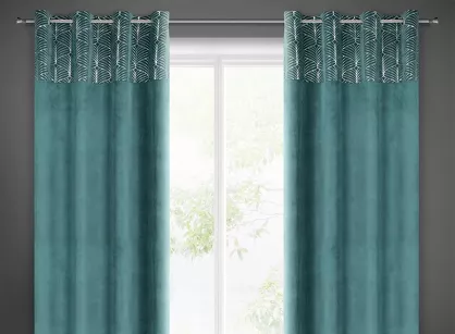 Zasłona na przelotkach 140x250 LINDI welwetowa turkusowa zdobiona kryzą ze srebrnym nadrukiem