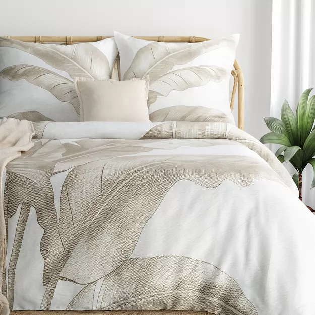 Pościel satynowa 220x200 SPRING 102 jasny krem ciemny beż z wzorem liści bananowca z kolekcji Classic