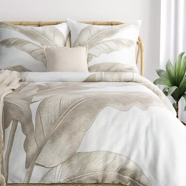 Pościel satynowa 220x200 SPRING 102 jasny krem ciemny beż z wzorem liści bananowca z kolekcji Classic