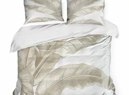 Pościel satynowa 220x200 SPRING 102 jasny krem ciemny beż z wzorem liści bananowca z kolekcji Classic