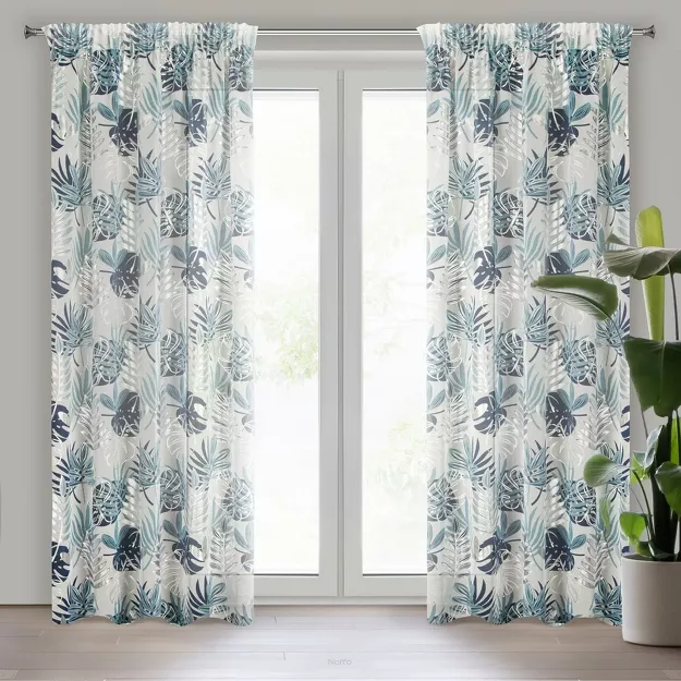 Firana na taśmie 140x270 MALTA granatowa ze srebrnym nadrukiem botanicznym