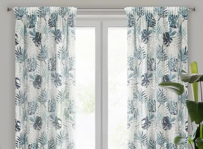 Firana na taśmie 140x270 MALTA granatowa ze srebrnym nadrukiem botanicznym