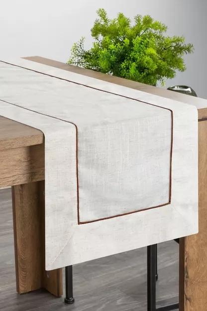 Bieżnik lniany 40x180 NATU 9 naturalny zdobiony szerokim mankietem z brązową lamówką